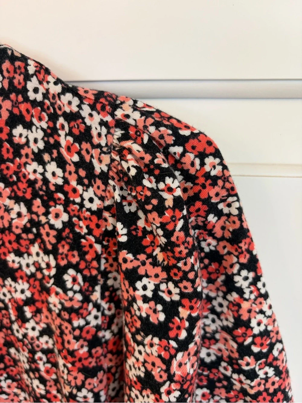 Michael Kors Black and Coral Floral Short-puff Sleeve Top large